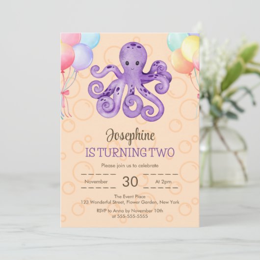 Octopus Balloon Peach Bubble Kids Verjaardag Kaart (Staand voorkant)