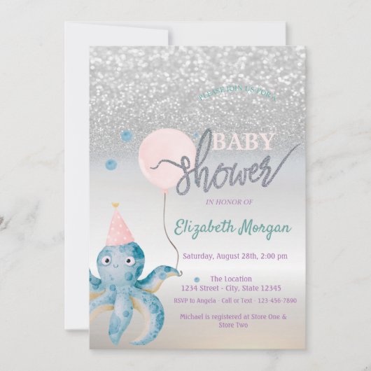 Octopus Balloon Silver Bokeh Baby shower Kaart (Voorkant)