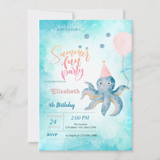 Octopus Balloon Zee Summer Birthday Party Kaart (Voorkant)