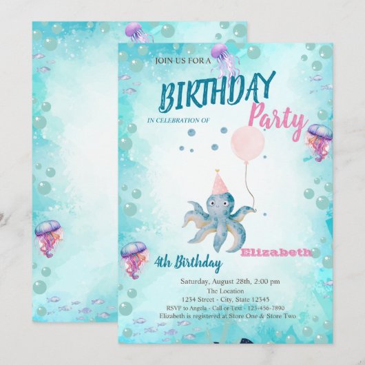 Octopus Balloon Zee Summer Birthday Party Kaart (Voorkant / Achterkant)