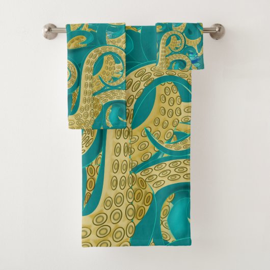 Octopus Bath Towel Set Golden Tentacles Bad Handdoek (Insitu)