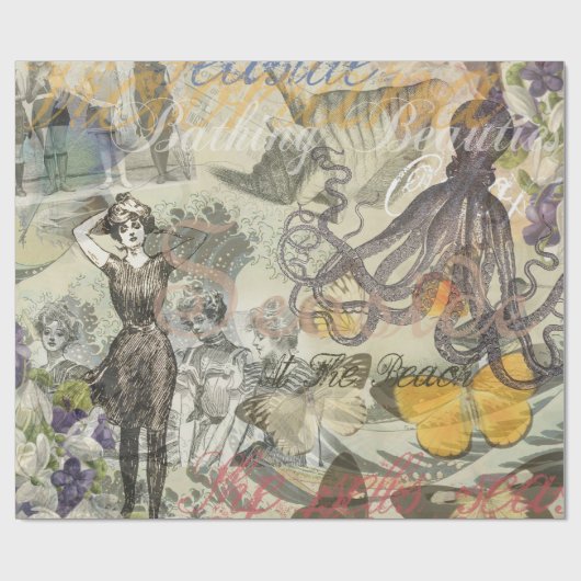 Octopus Beach Antiek kuststeampunk Cadeaupapier (Vlak)