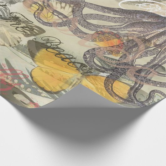 Octopus Beach Antiek kuststeampunk Cadeaupapier (Hoek)