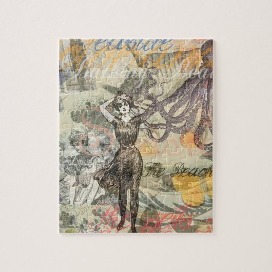 Octopus Beach Antiek kuststeampunk Legpuzzel (Verticaal)