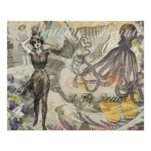 Octopus Beach Antiek kuststeampunk Perfect Poster