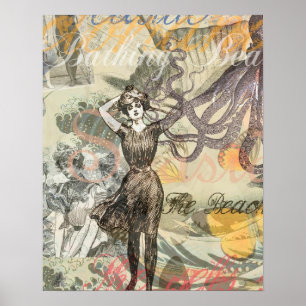 Octopus Beach Antiek kuststeampunk Poster