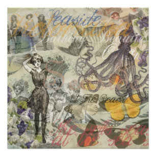 Octopus Beach Antiek kuststeampunk Poster
