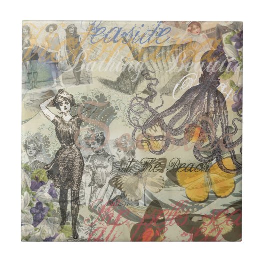 Octopus Beach Antiek kuststeampunk Tegeltje (Voorkant)