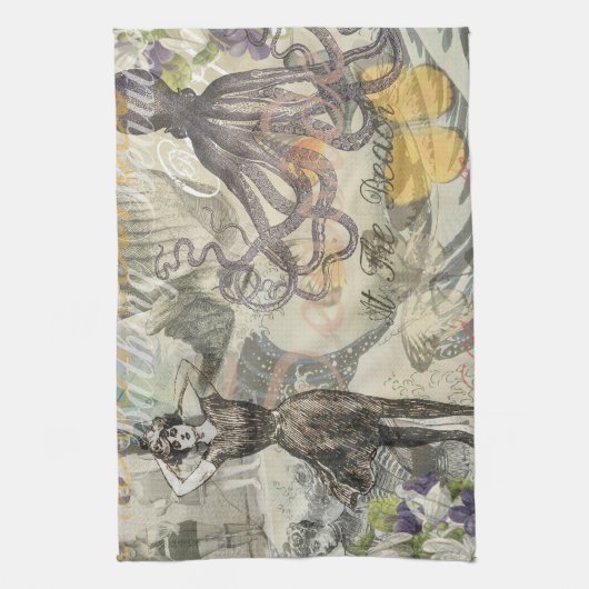 Octopus Beach Antiek kuststeampunk Theedoek (Verticaal)
