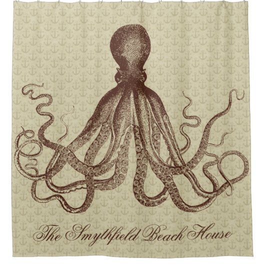  Octopus Beach House Nautical Anchors Brown Douchegordijn (Voorkant)