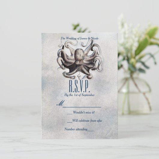  Octopus Beach Zee Zout Bruiloft RSVP Kaart (Staand voorkant)