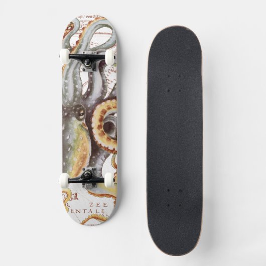 Octopus Beige  Map Nautical Marine Aquatic Persoonlijk Skateboard (Voorkant)
