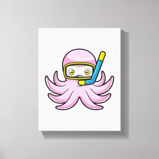 Octopus bij duiken met Snorkel en zwembril Canvas Afdruk (Voorkant)