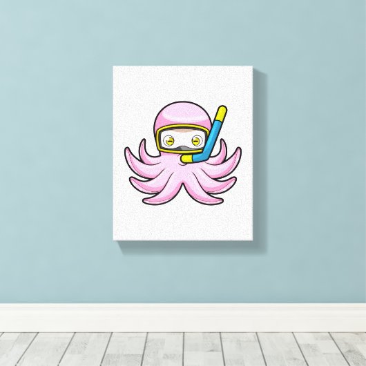 Octopus bij duiken met Snorkel en zwembril Canvas Afdruk (Insitu (Houten vloer))
