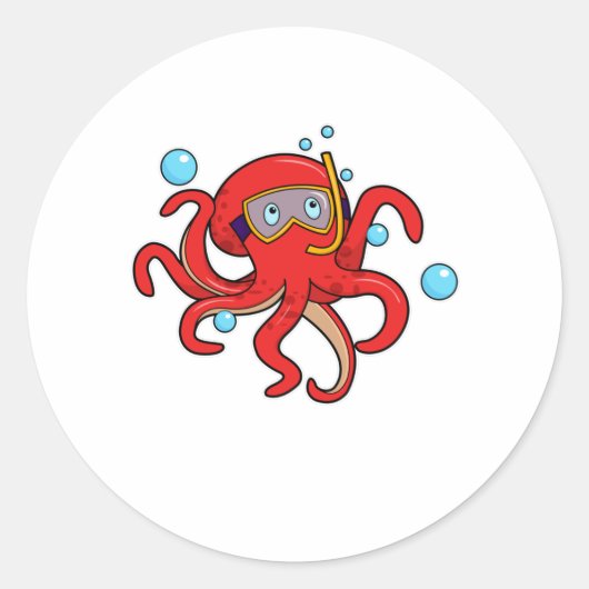 Octopus bij duiken met zwembril ronde sticker (Voorkant)