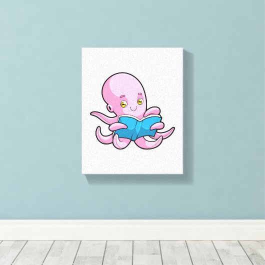 Octopus bij het lezen van een boek canvas afdruk (Insitu (Houten vloer))