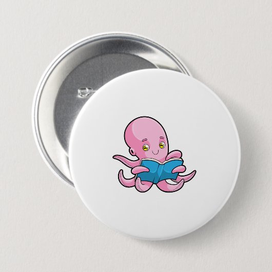 Octopus bij het lezen van een boek ronde button 7,6 cm (Voorkant /achterkant)