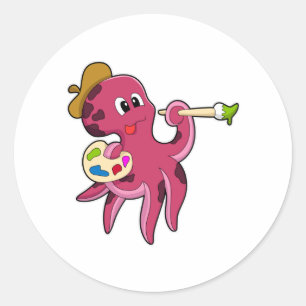 Octopus bij het Schilderen met Borstel & Kleur Ronde Sticker