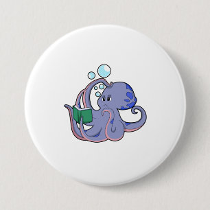 Octopus bij lezen boek ronde button 7,6 cm