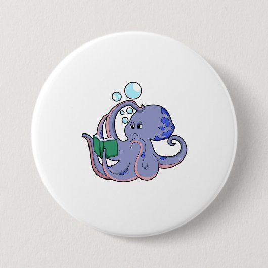 Octopus bij lezen boek ronde button 7,6 cm (Voorkant)