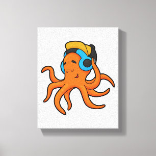 Octopus bij Muziek met hoofdtelefoon Canvas Afdruk
