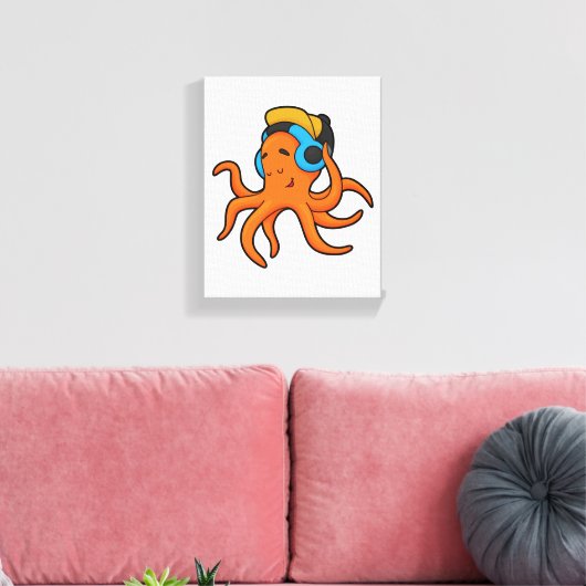 Octopus bij Muziek met hoofdtelefoon Canvas Afdruk (Insitu (Woonkamer))