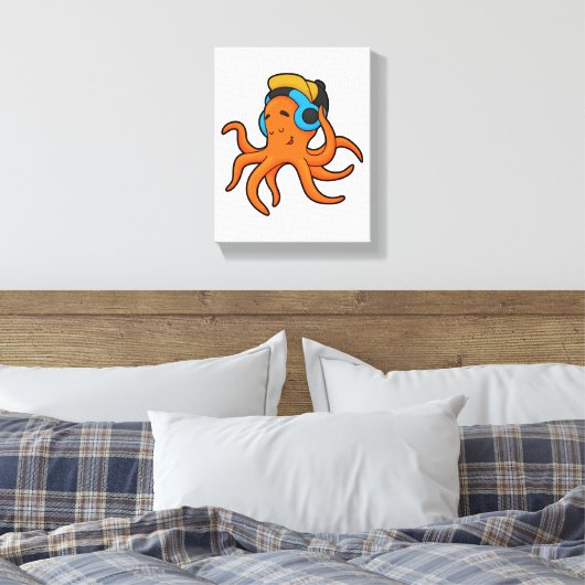 Octopus bij Muziek met hoofdtelefoon Canvas Afdruk (Insitu (Slaapkamer))
