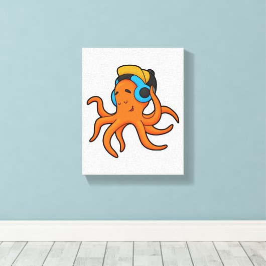 Octopus bij Muziek met hoofdtelefoon Canvas Afdruk (Insitu (Houten vloer))