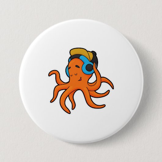 Octopus bij Muziek met hoofdtelefoon Ronde Button 7,6 Cm (Voorkant)