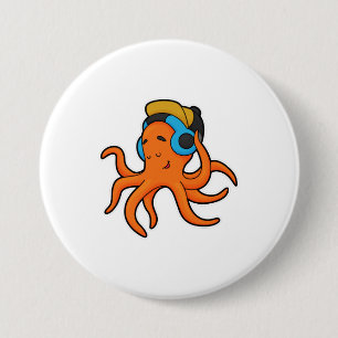 Octopus bij Muziek met hoofdtelefoon Ronde Button 7,6 Cm