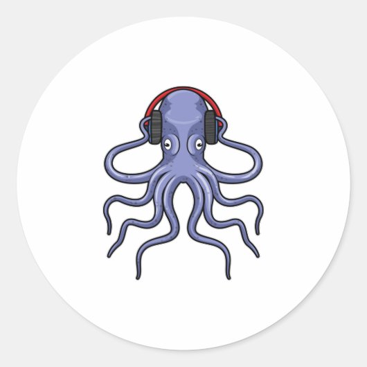 Octopus bij Muziek met hoofdtelefoon Ronde Sticker (Voorkant)