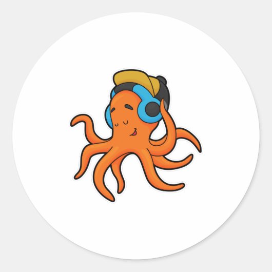 Octopus bij Muziek met hoofdtelefoon Ronde Sticker (Voorkant)