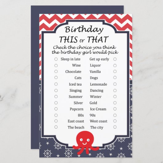 Octopus Birthday dit of dat spel (Voorkant / Achterkant)