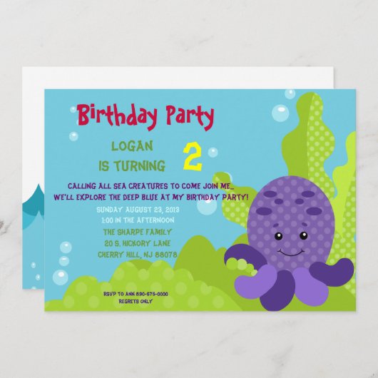 Octopus Birthday Uitnodiging (Voorkant / Achterkant)