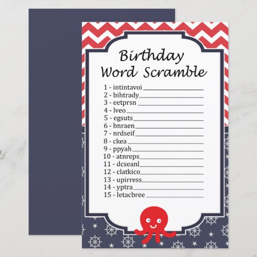 Octopus Birthday Word Scramble Game (Voorkant / Achterkant)