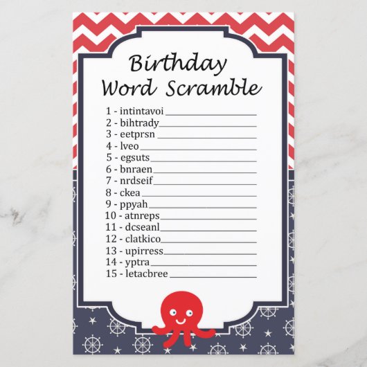 Octopus Birthday Word Scramble Game (Voorkant)