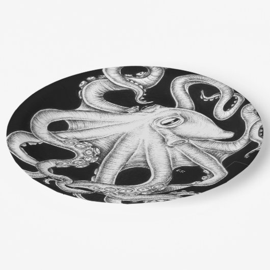 Octopus Black en White Ink Papieren Bordje (Gekanteld)
