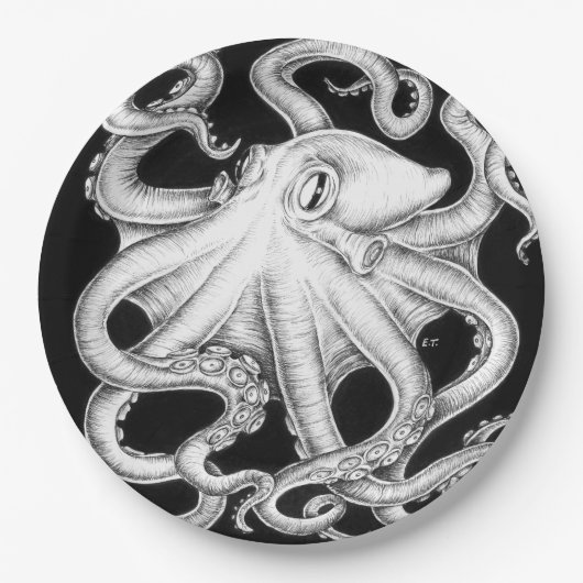 Octopus Black en White Ink Papieren Bordje (Voorkant)