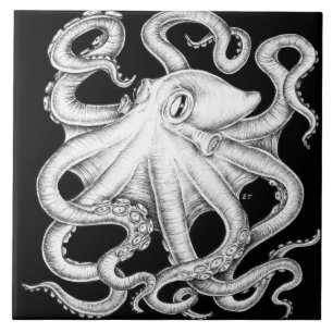 Octopus Black en White Ink Tegeltje