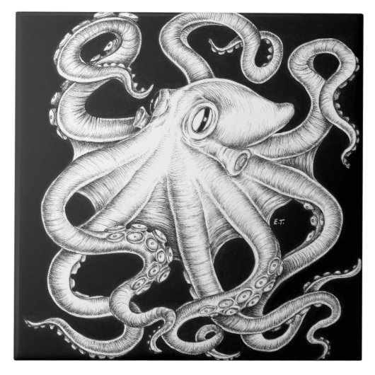 Octopus Black en White Ink Tegeltje (Voorkant)