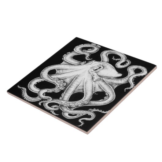 Octopus Black en White Ink Tegeltje (Zijkant)