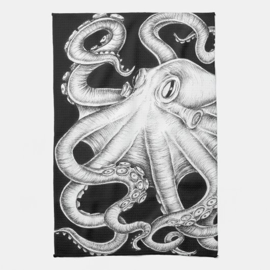 Octopus Black en White Ink Theedoek (Verticaal)