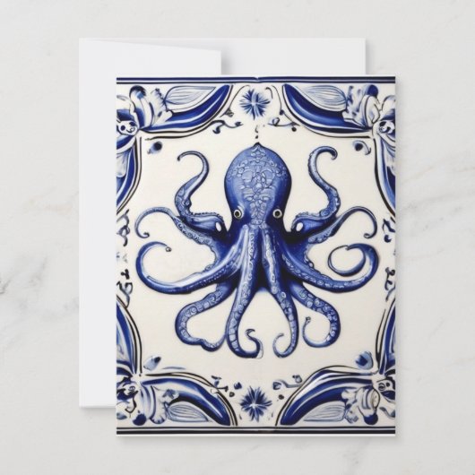 Octopus Blauw en Wit Zee Oceaanthema Feestdagenkaart (Voorkant)