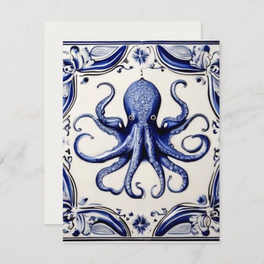 Octopus Blauw en Wit Zee Oceaanthema Feestdagenkaart (Voorkant / Achterkant)