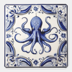 Octopus Blauw en Wit Zee Oceaanthema Vierkante Sticker