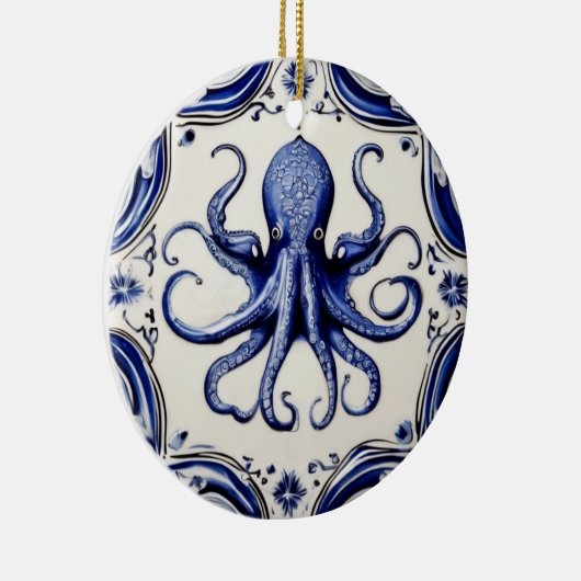 Octopus Blauw en Wit Zee Ocean thema Beach House Keramisch Ornament (Rechts)