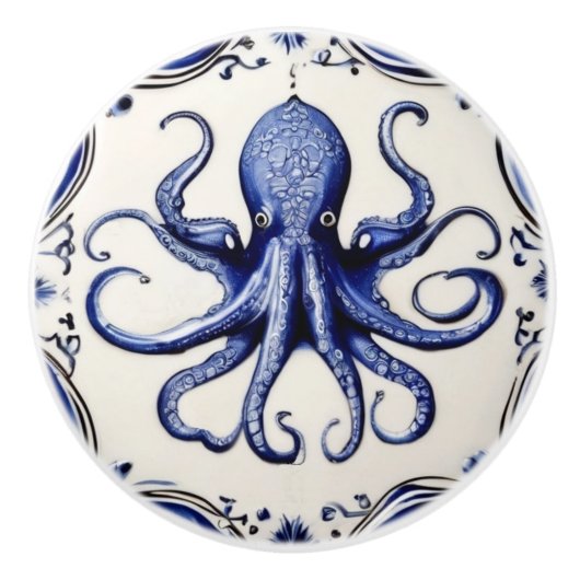 Octopus Blauw en Wit Zee Ocean thema Beach House Keramische Knop (Voorkant)