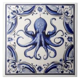 Octopus Blauw en Wit Zee Ocean thema Beach House Tegeltje