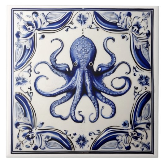 Octopus Blauw en Wit Zee Ocean thema Beach House Tegeltje (Voorkant)