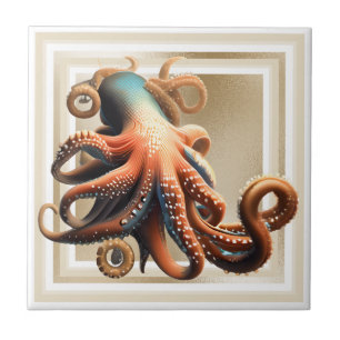 Octopus blauw sinaasappel 3D nautisch goud strand  Tegeltje